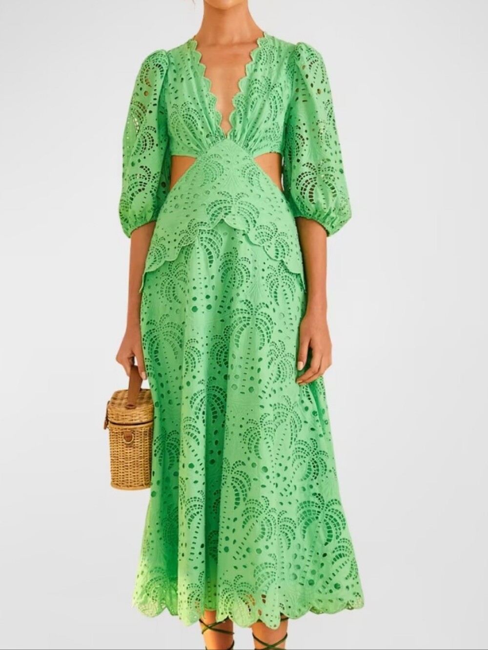 Farm Rio Green Richelieu Cutwork Midi Dress Size Small